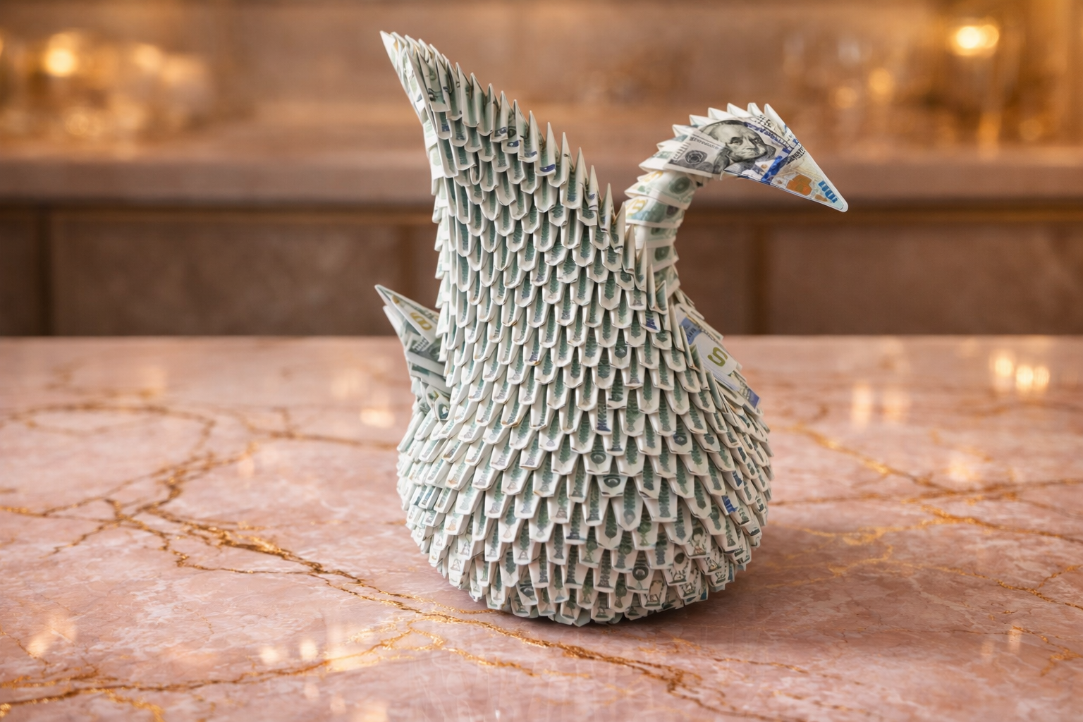 Decorative swan sculpture on a marble surface. LUXEBYMIMI – Luxury Money Rose Swan Service (830-Piece Grand Swan)