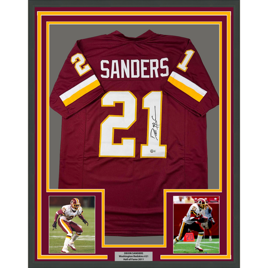Framed Autographed/Signed Deion Sanders 35x39 Washington Burgundy Football Jersey Beckett BAS COA