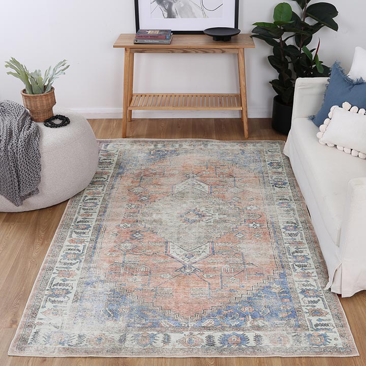 Distressed Vintage Pissarro Terracotta in Blue & Beige-2