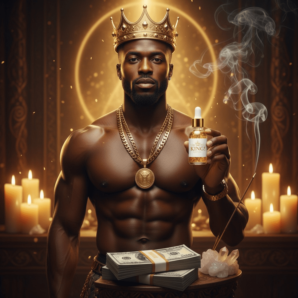 Man holding a bottle labeled 'King' with candles and money in the background. KING! A Hoodoo Conjure Oil For The Divine Masculine