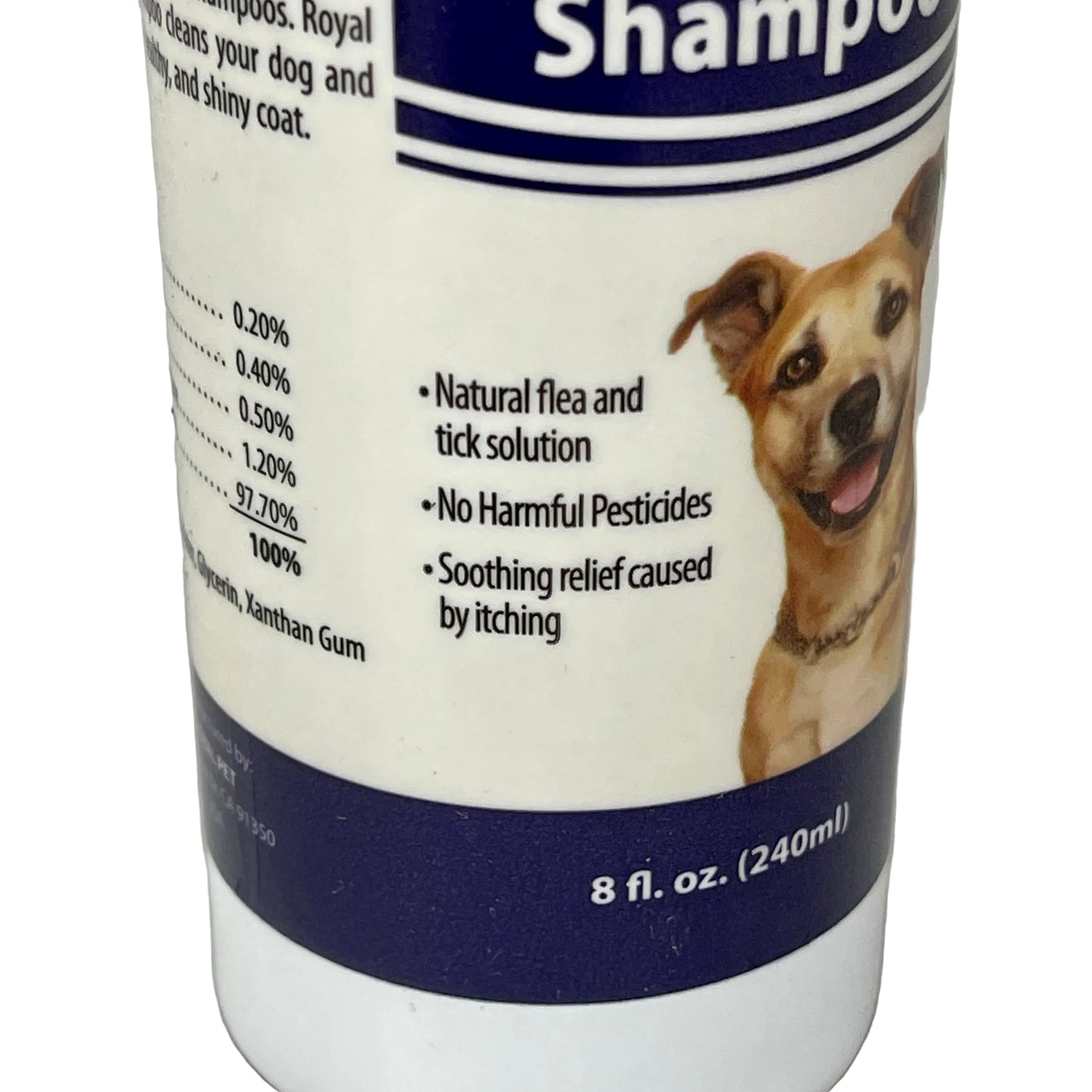 Dog shampoo bottle with label featuring a dog and product details on a gray background