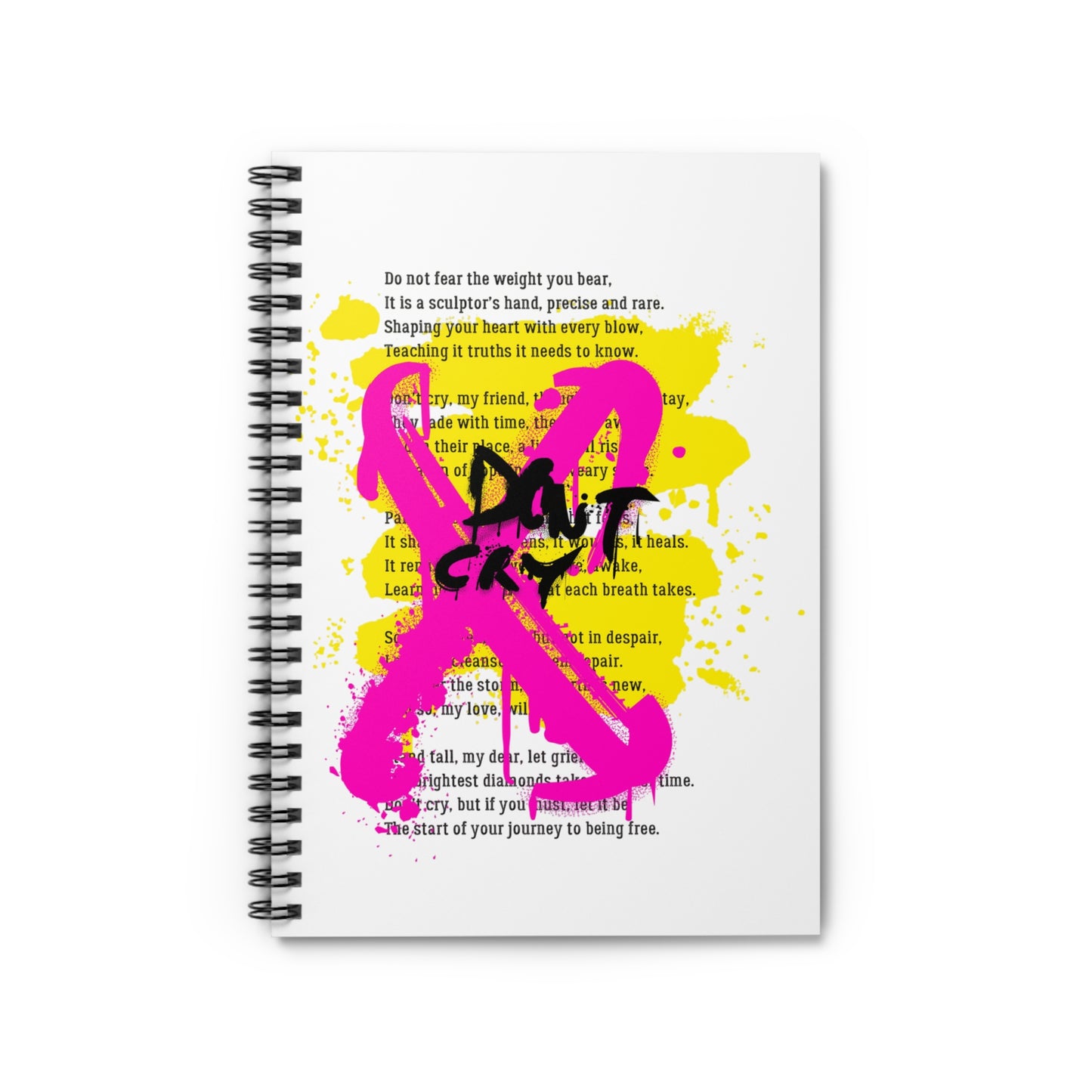 Spiral-bound notebook with a pink and yellow design on a white background