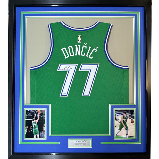 Framed Autographed/Signed Luka Doncic 35x39 Dallas Mavericks Green Authentic Basketball Jersey Fanatics COA