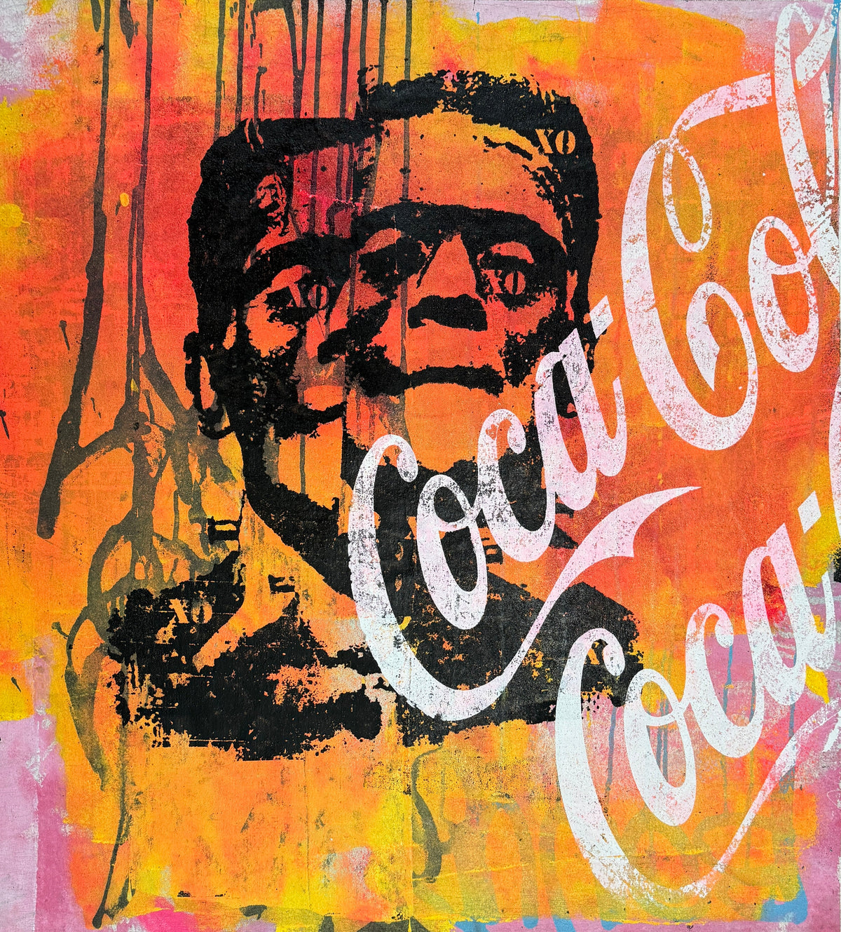 A vibrant pop-art style Coca-Cola graphic featuring a black-and-white portrait of Thomas Edison over a bright orange, yellow, and pink background, with large white distressed Coca-Cola script across the composition. Double Frankenstein Coca Cola Coca