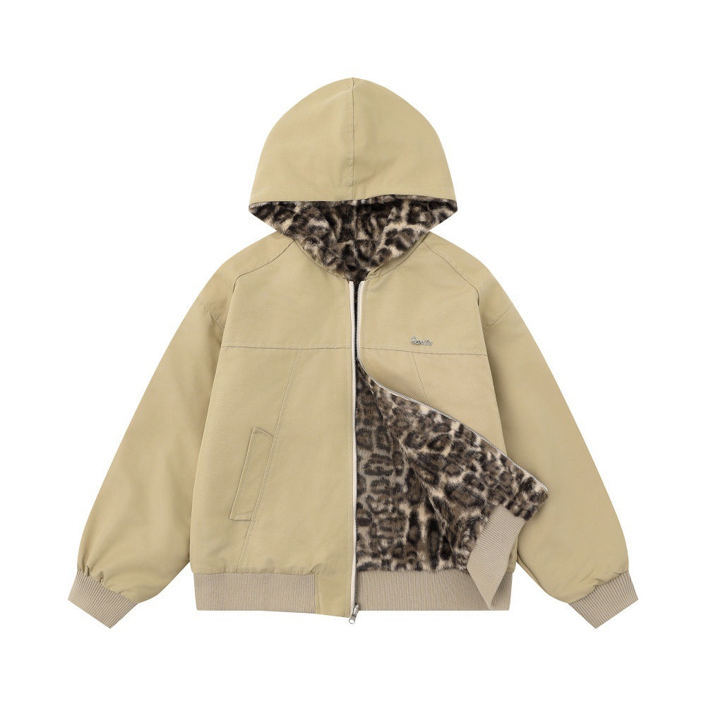 Beige reversible hooded men's jacket with leopard print fleece lining, full zip front, ribbed cuffs, and insulated loose-fit design on a white background.