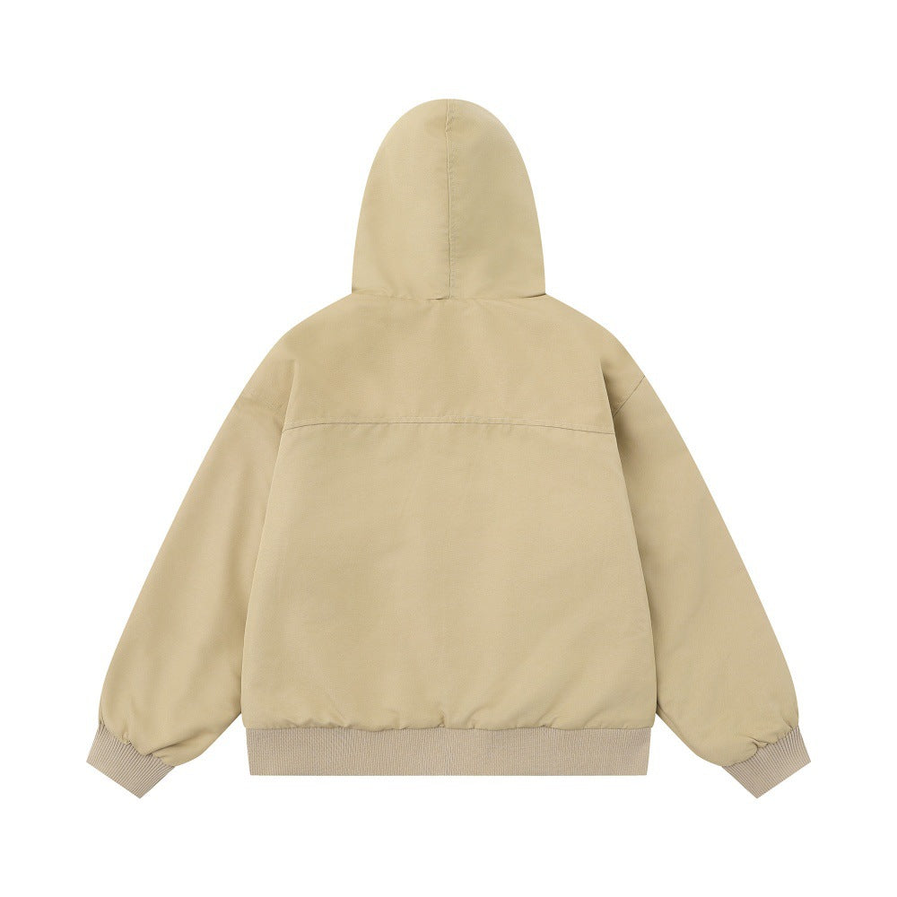 Back view of men's khaki reversible hooded winter jacket with insulated loose fit, full zip closure, ribbed cuffs, and solid beige back.