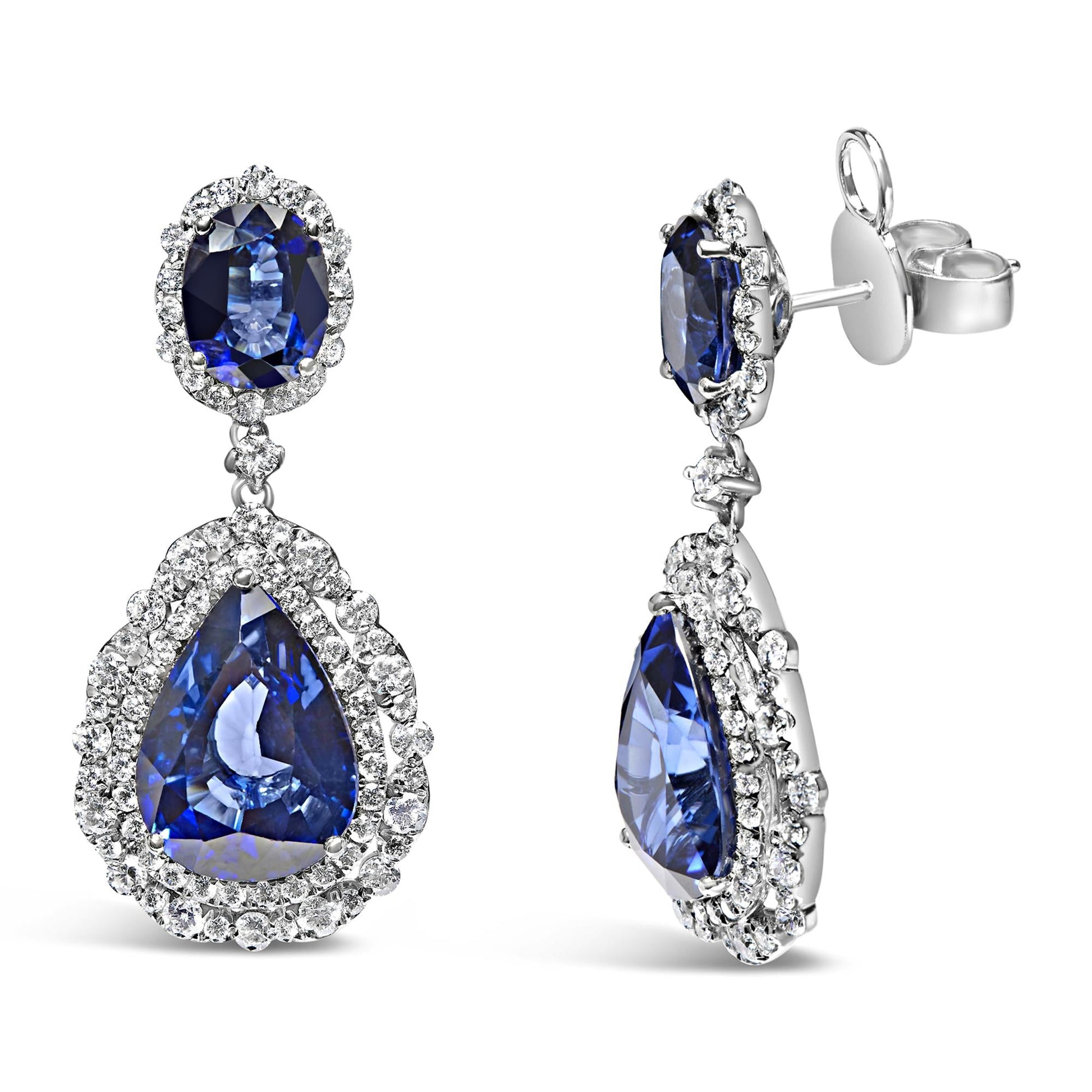 18K White Gold Blue Sapphire 2 3/4 Cttw Diamond Halo Drop Dangle Earring (G-H Color, SI1-SI2 Clarity)-3