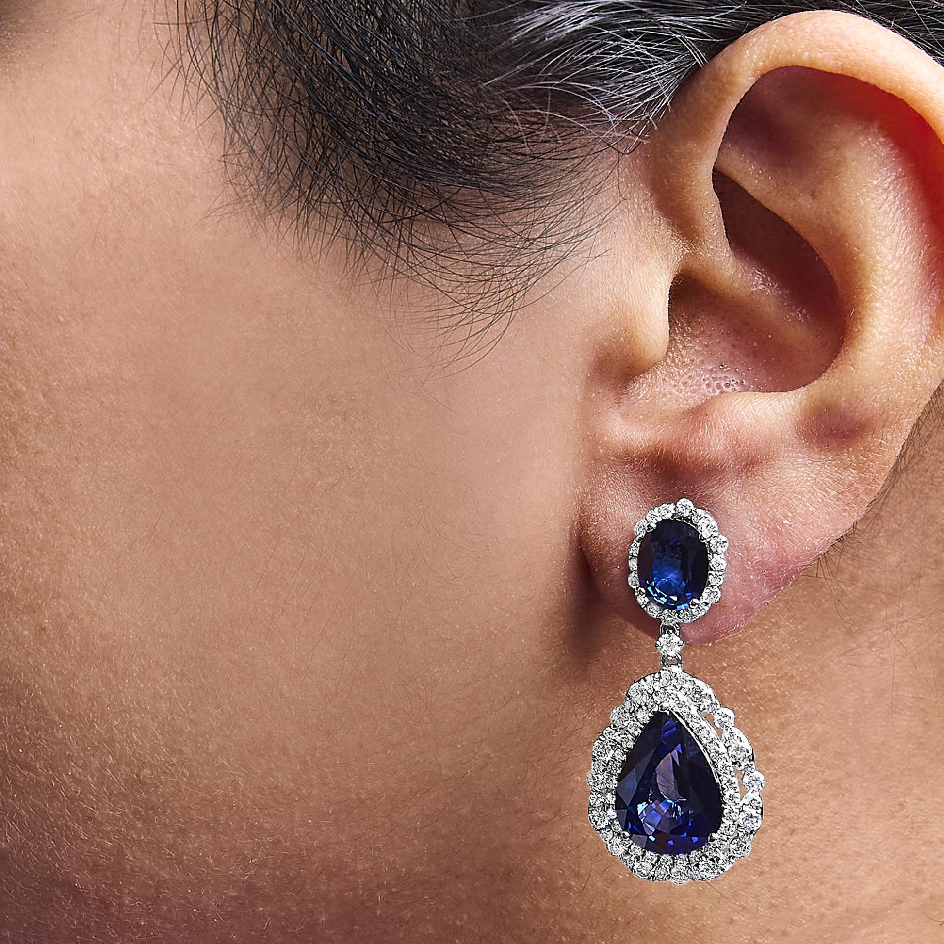 18K White Gold Blue Sapphire 2 3/4 Cttw Diamond Halo Drop Dangle Earring (G-H Color, SI1-SI2 Clarity)-2