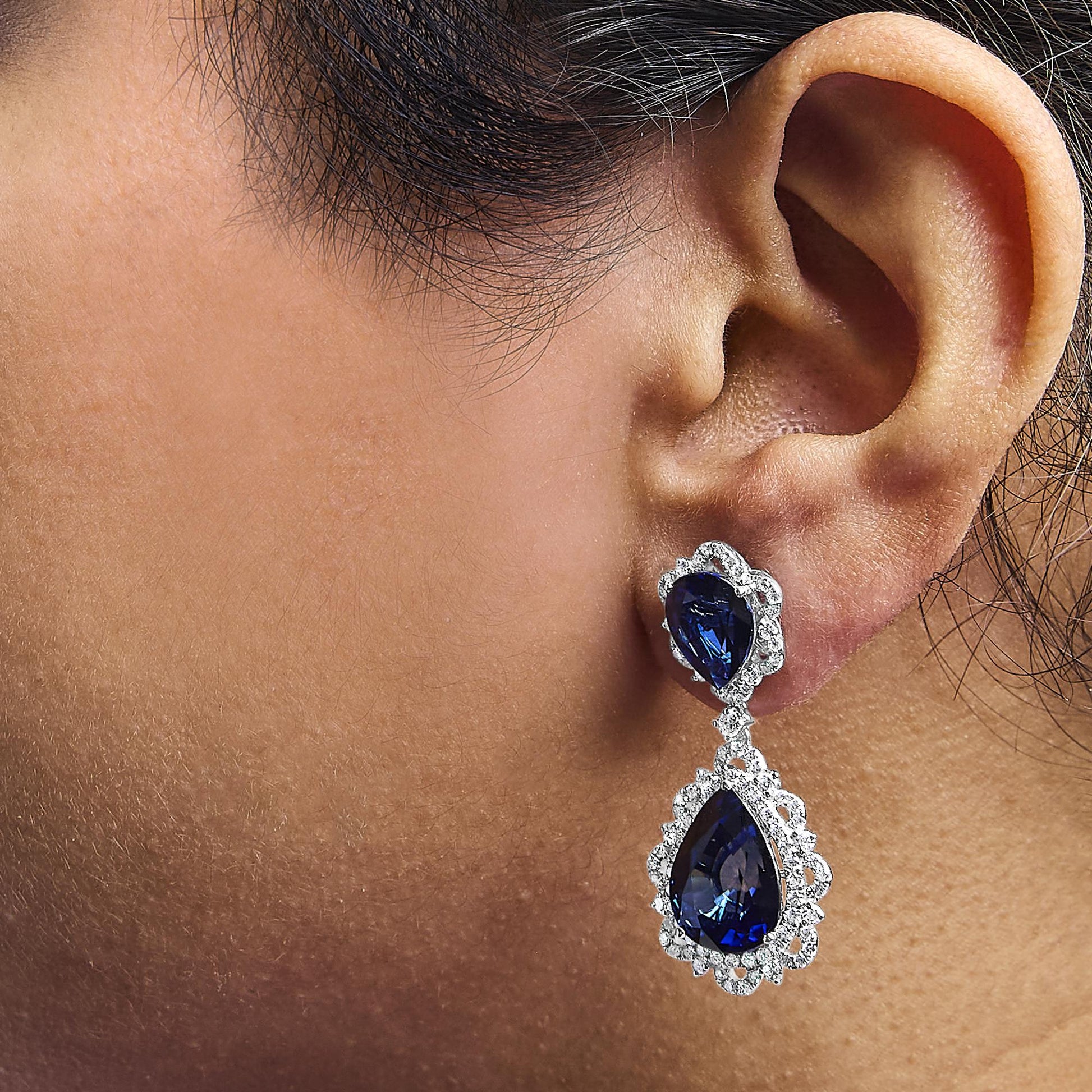 18K White Gold Blue Sapphire and Diamond 2.00 Cttw Diamond Halo Drop and Dangle Earring (G-H Color, SI1-SI2 Clarity)-2
