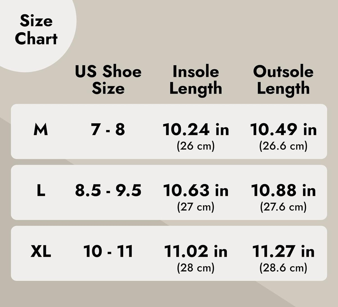 Product images screen with a size chart for shoes on a smartphone interface.