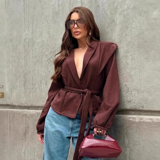 Vintage Wine Red Belted Coat Women Design Loose V-Neck Suede