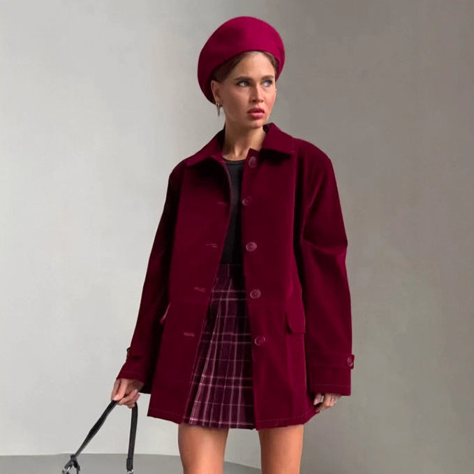 Velvet Jacket Women's  Retro Wine Red Coat High-end Women's Clothing