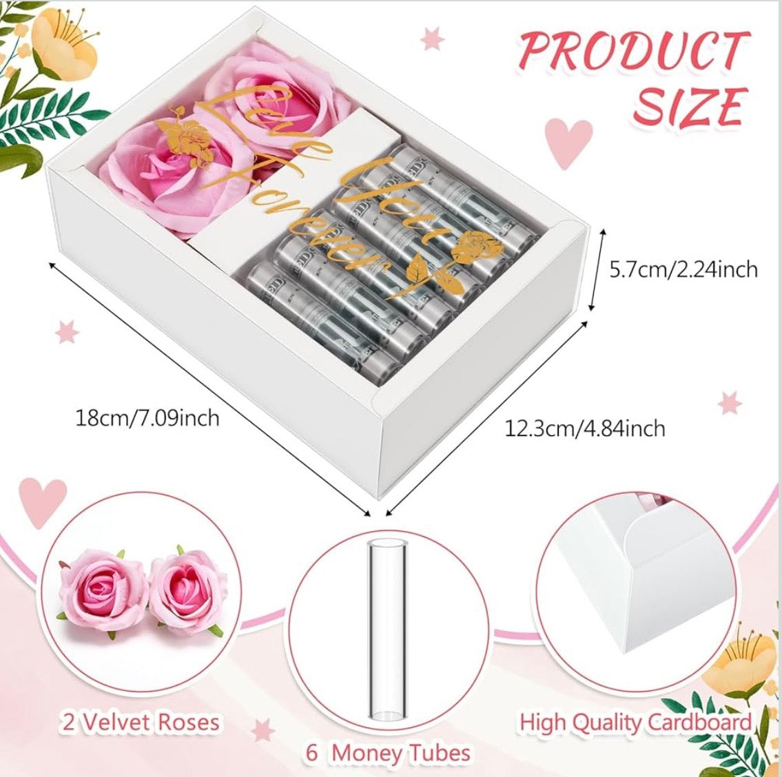 Valentine's Day Money Box for Cash Money Gifts - 2 Velvet Rose Flowers with 6 Acrylic Tubes