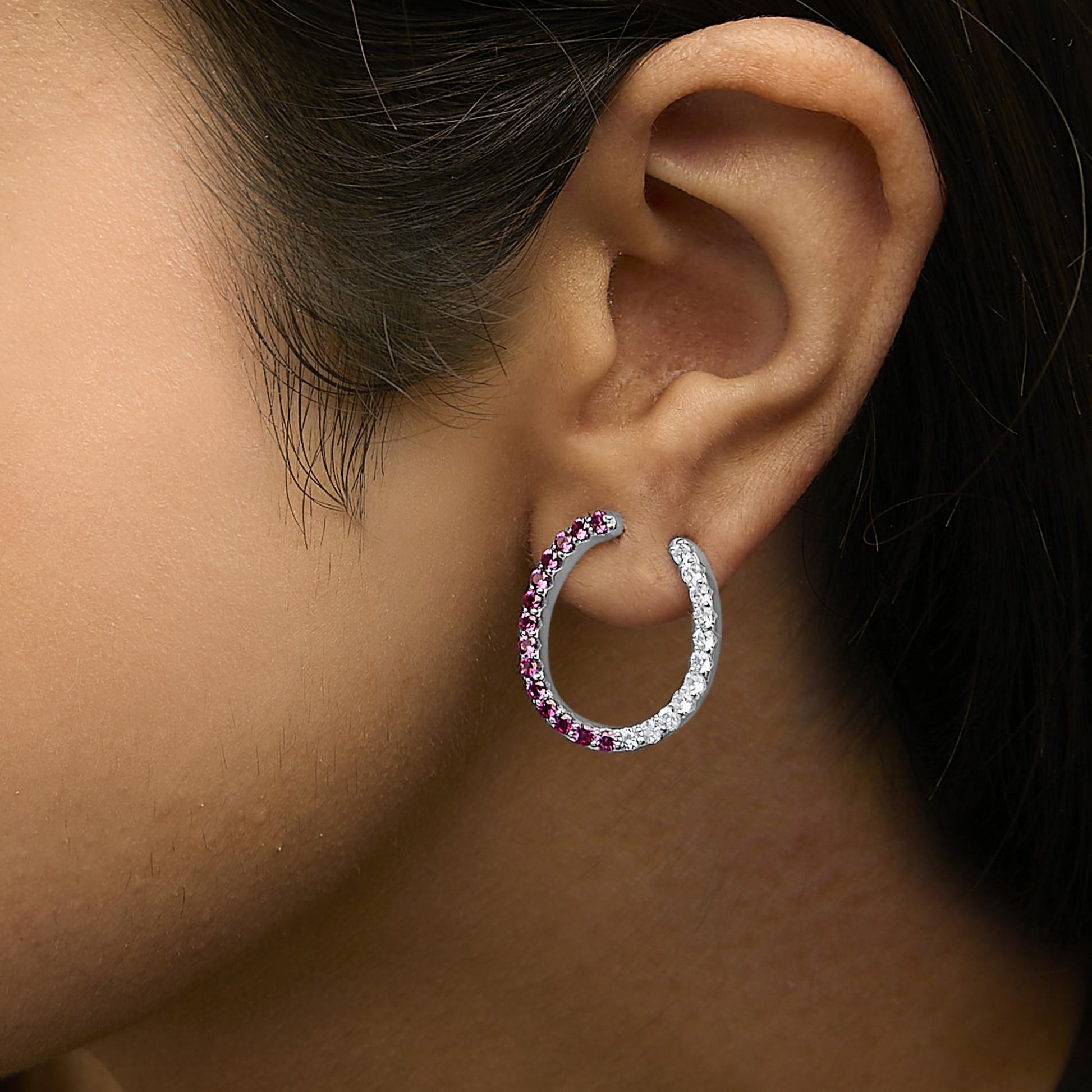 Sterling Silver Lab Created Ruby and White Sapphire Hoop Earrings-2