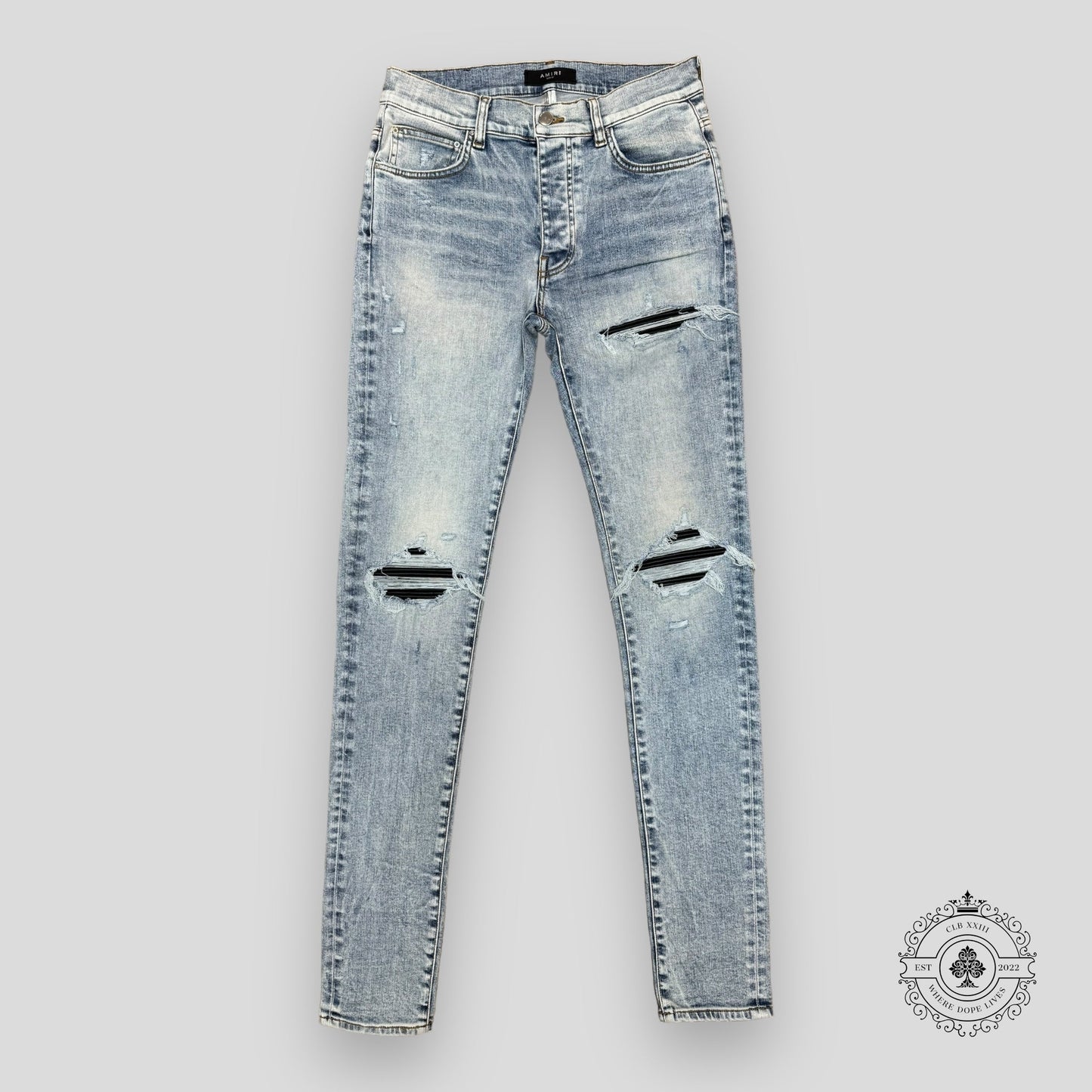 Amiri MX1 Leather Patch Jeans in Stone Indigo