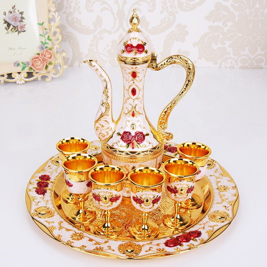 Retro Palace Drinkware Set Wedding Alloy Metal Gold/Silver And White Flagon Gift Set Home Decor 8 Piece Set: 1 Plate + 1 Wine Pot + 6 Cups