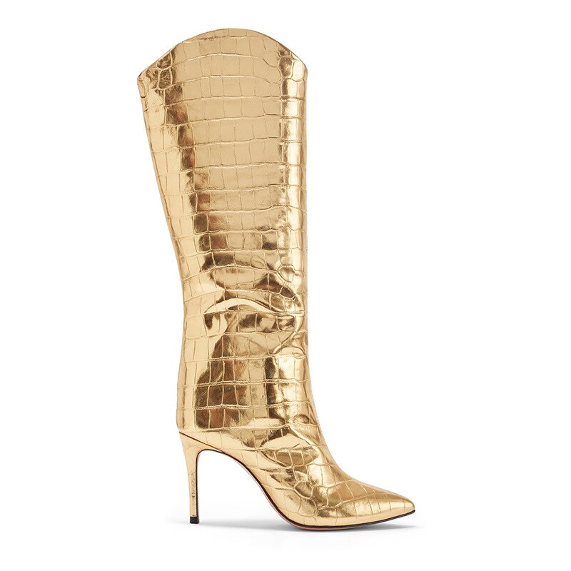 Fashion Women's Shoes Pointed Toe Stilettos Heels Sexy Elegant Ladies Boots Slip-on Gold Knee High Boots 45