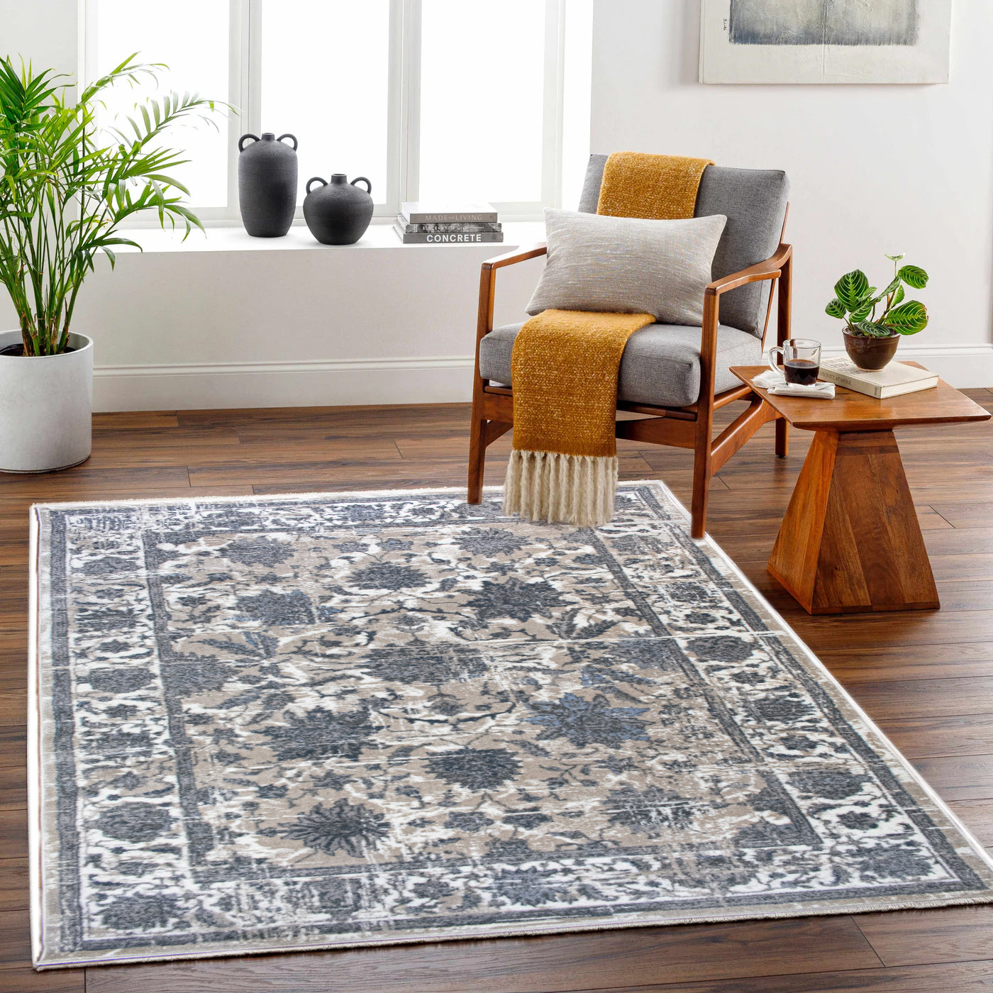 ROY's Home Navy Big Flower Area Rugs, Vintage Effect Lines-2
