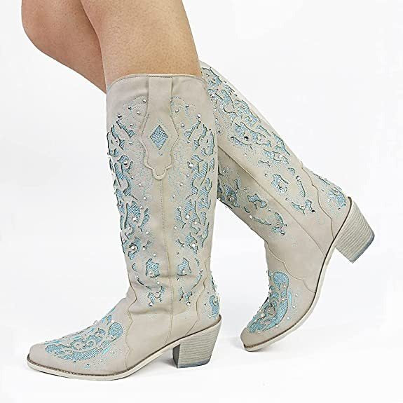 New European and American Retro Pointed Womens Shoes Embroidered Ethnic Style High Sleeve Solid Thick Heel Large Fashion Boots