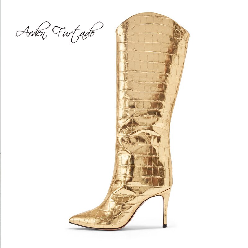 Fashion Women's Shoes Pointed Toe Stilettos Heels Sexy Elegant Ladies Boots Slip-on Gold Knee High Boots 45