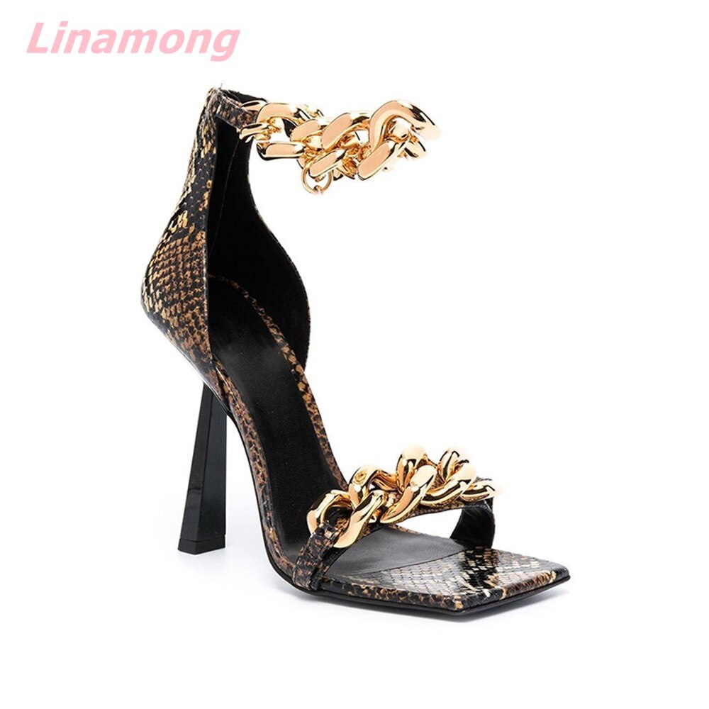 Summer Metal Chain Women Sandals Cover Heel Square Toe Genuine Leather Solid Novelty Casual Women Party Fashion Shoes