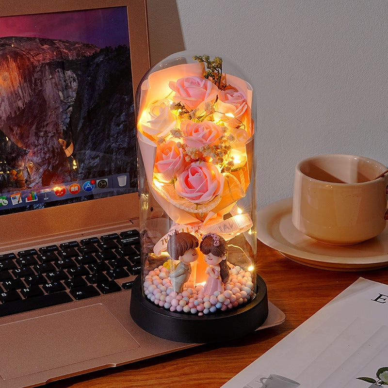 Eternal Rose Flower Bouquet Glass Dome Night Light Decoration Dried Flowers Baby's Breath Valentine's Day Gift for Her