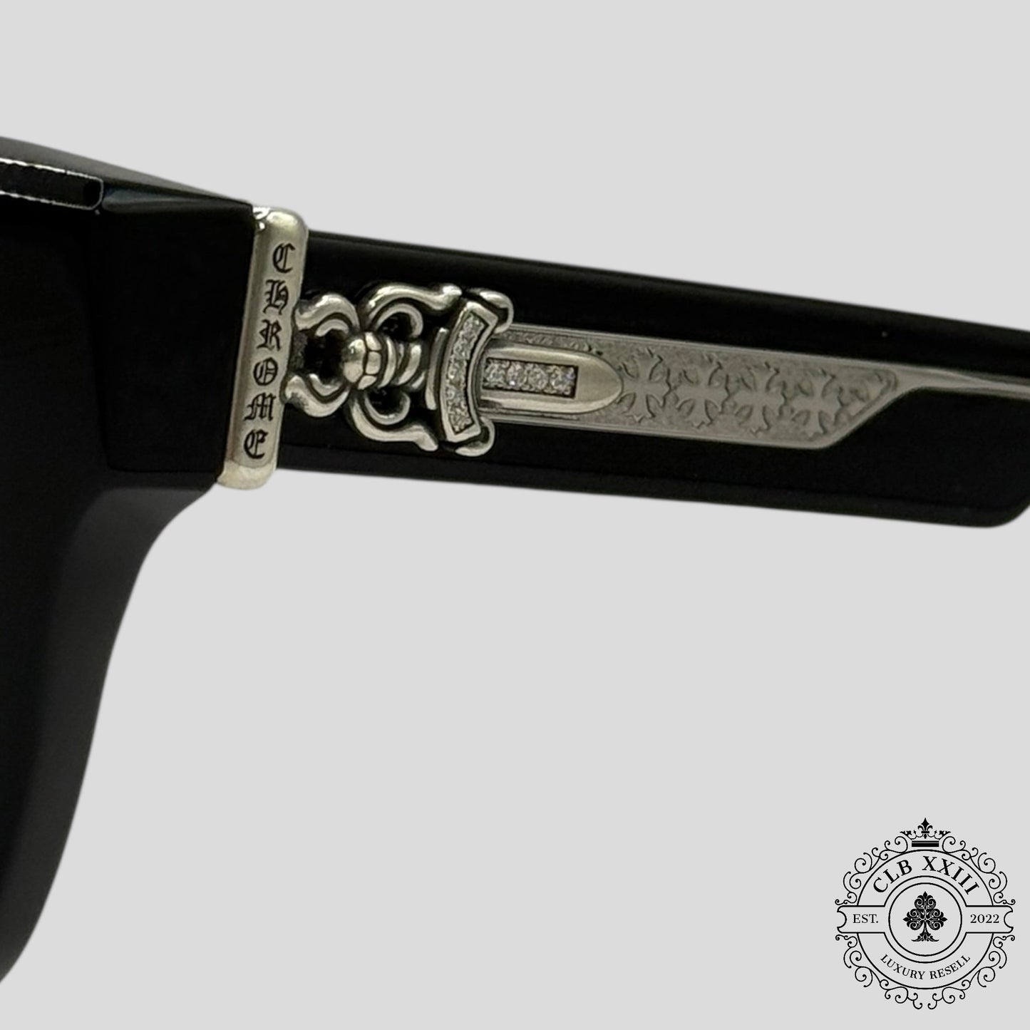 Chrome Hearts Diamond Embellished Box Officer Sunglasses in Black/Silver