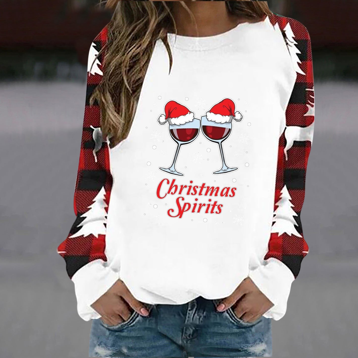 Christmas wine glass letter printed round neck casual long sleeved sweatshirt