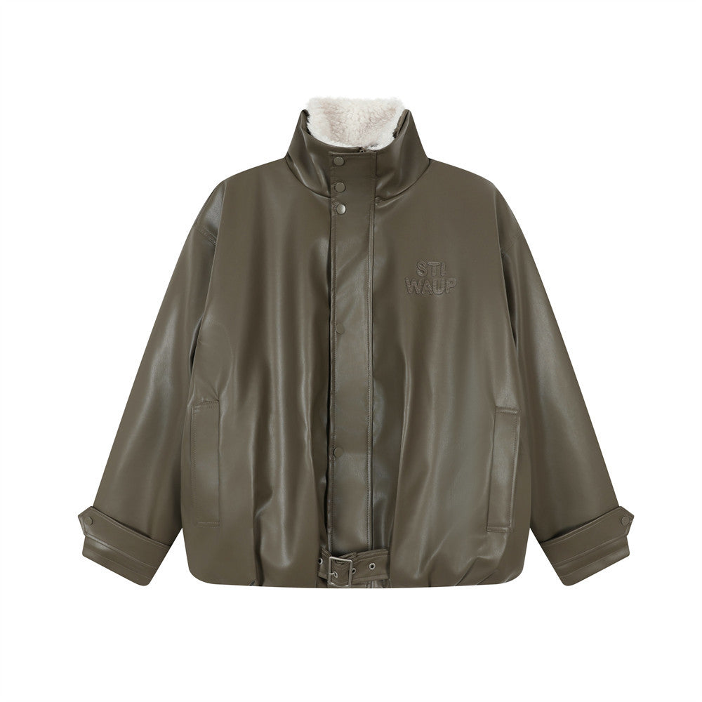 Cotton padded thick high neck PU leather jacket