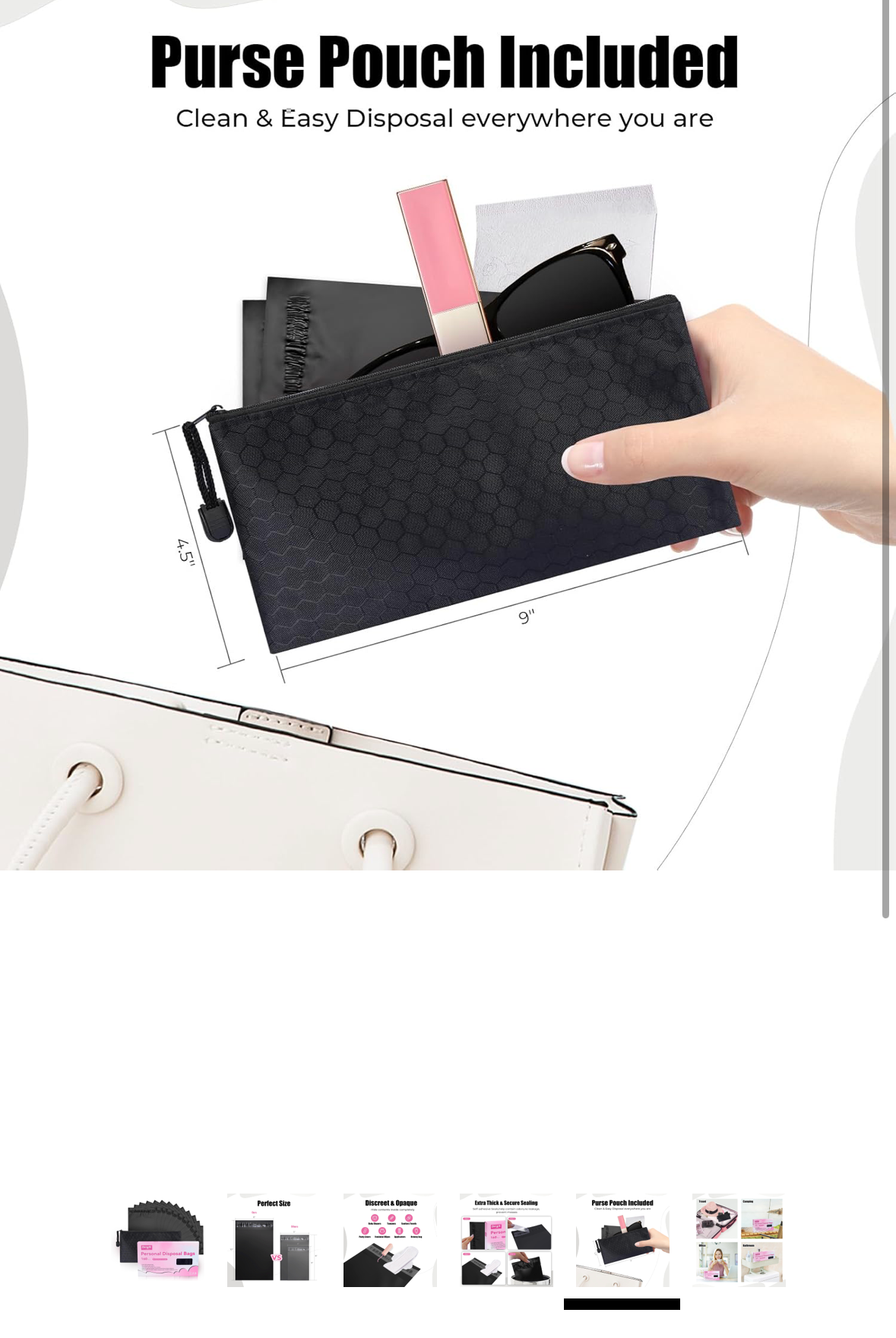 Hand holding a black purse pouch with text about a included purse pouch on a white background.