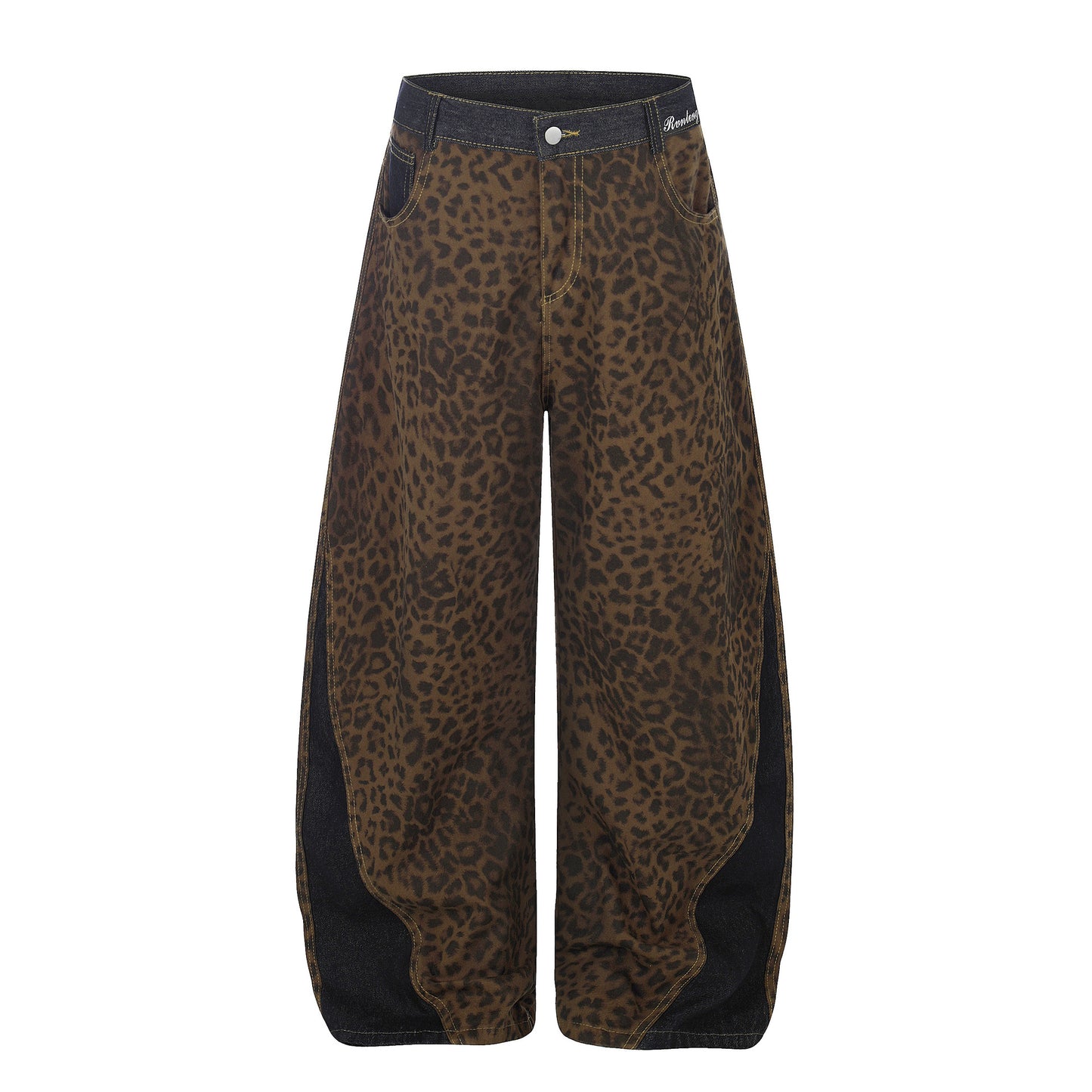 Leopard Print Patchwork Jeans Unisex High Waist Slimming Versatile Floor-Length Trousers