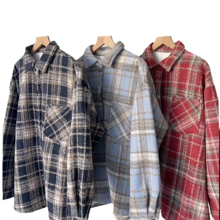 Dopamine Lazy Wine Red Brushed Plaid Shirt Women Loose Casual Slim Fit Blouse Versatile Top