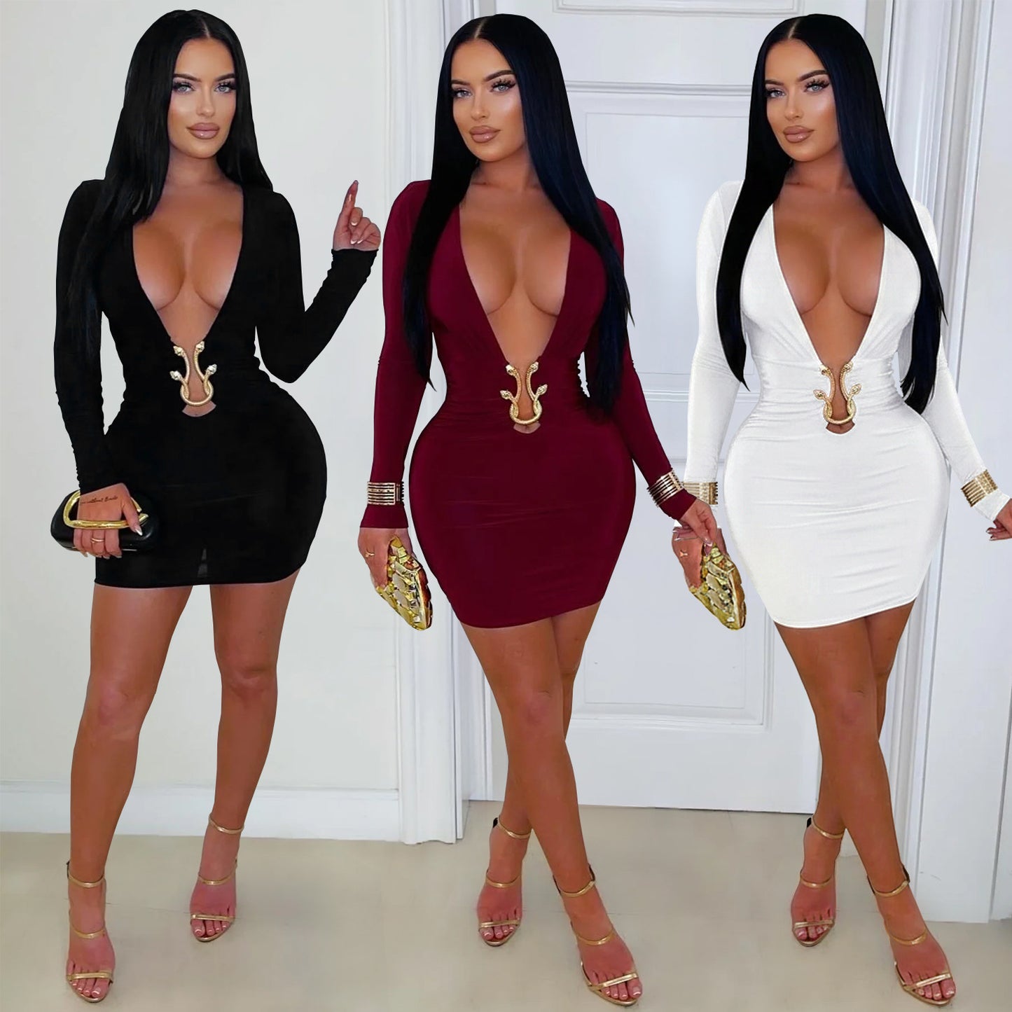 Fashionable Women's Sexy Deep V-Neck Bodycon Dress with Snake Pattern Accessories
