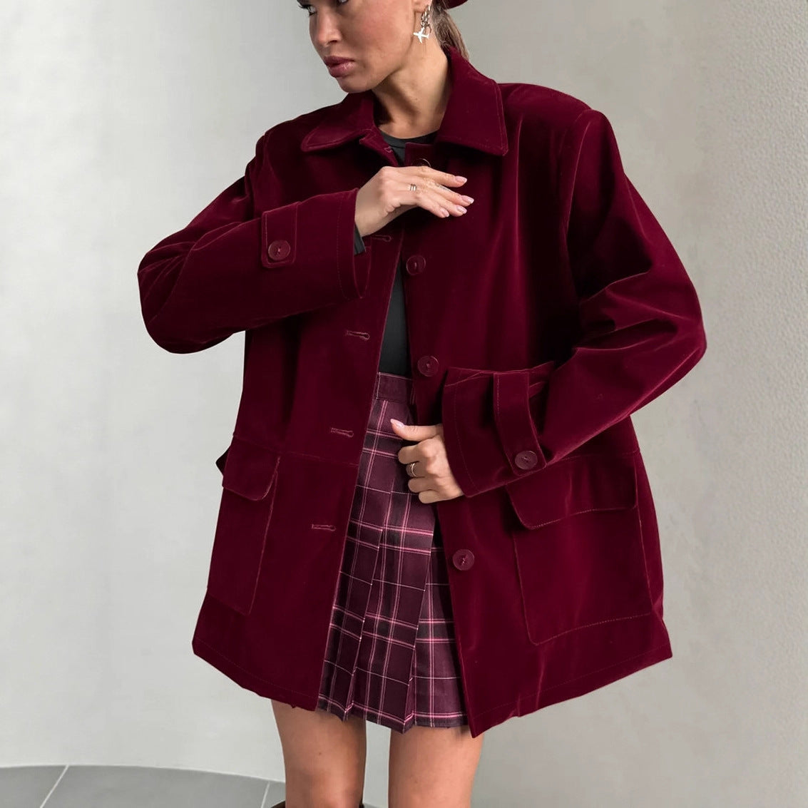 Velvet Jacket Women's  Retro Wine Red Coat High-end Women's Clothing