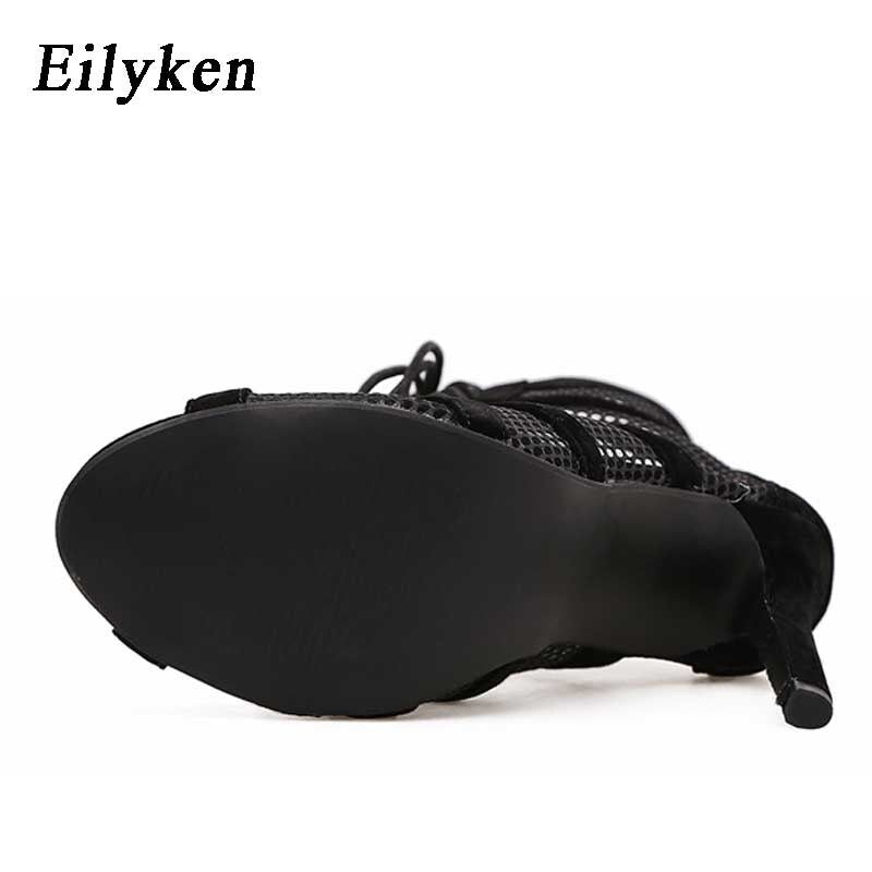 Fashion Black Net Fabric Cross-tied Sandals 2021 Summer Lace Up Peep Toe High Heels Ankle Strap Hollow Out Woman Shoes
