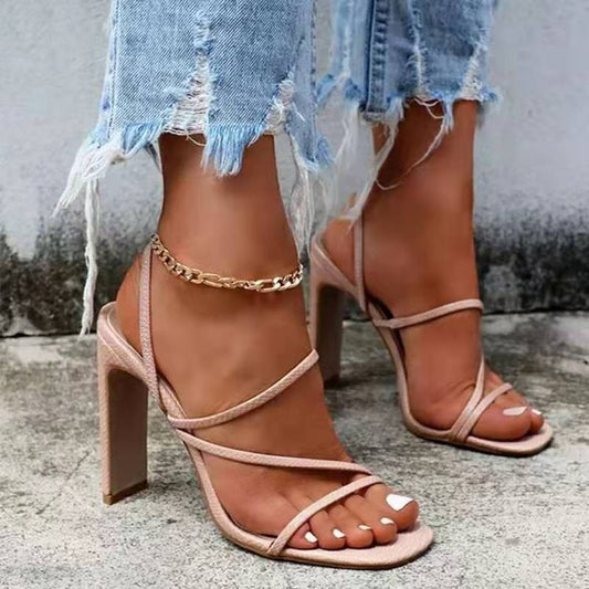 Spring And Summer New Women's Sandals Shoes In-Line Roman Square Toe Chunky Heel Sandals