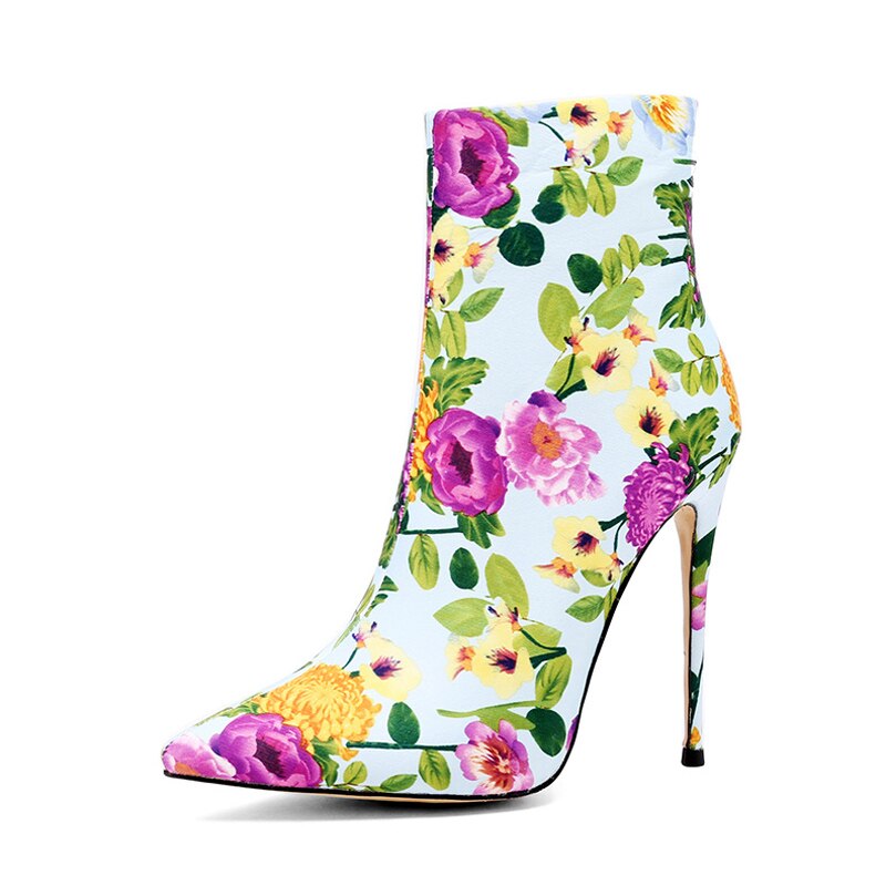 Spring Autumn Women Pointed Toe Sexy Stilettos Steel Heels 12cm Zipper Flowers Ankle Boots Large Size 43 44 45 New