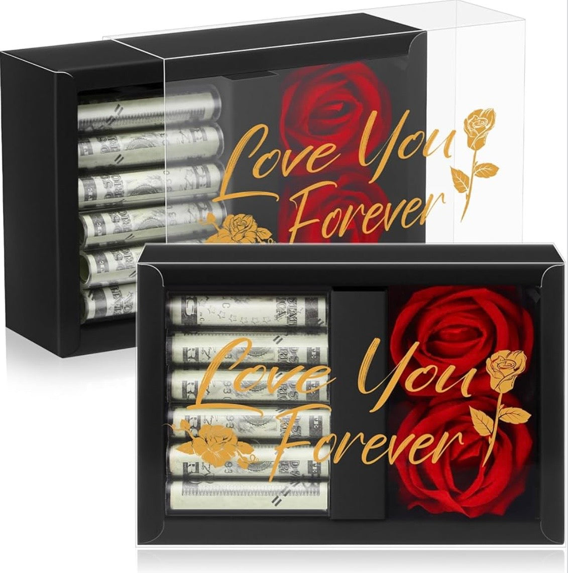 Valentine's Day Money Box for Cash Money Gifts - 2 Velvet Rose Flowers with 6 Acrylic Tubes
