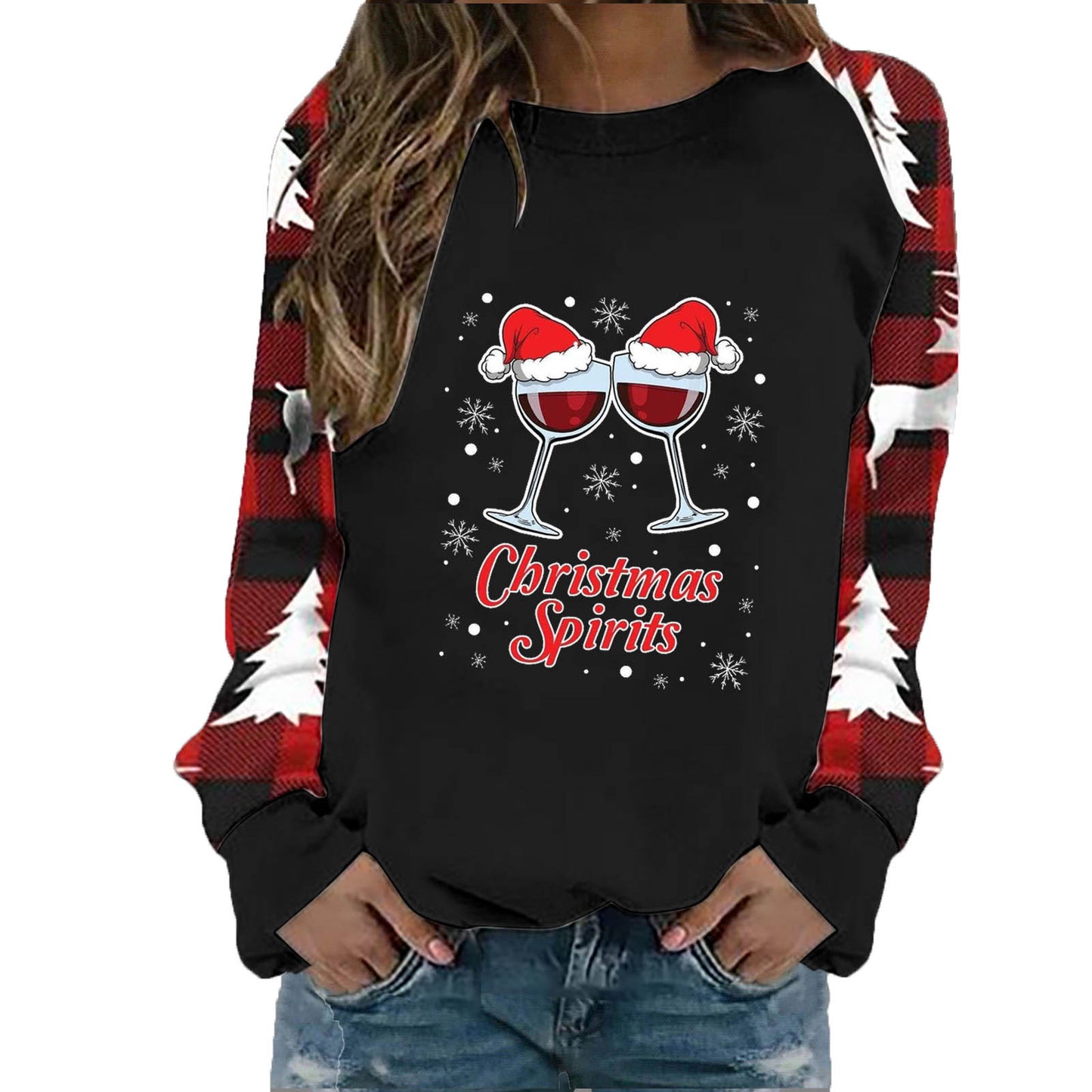 Christmas wine glass letter printed round neck casual long sleeved sweatshirt