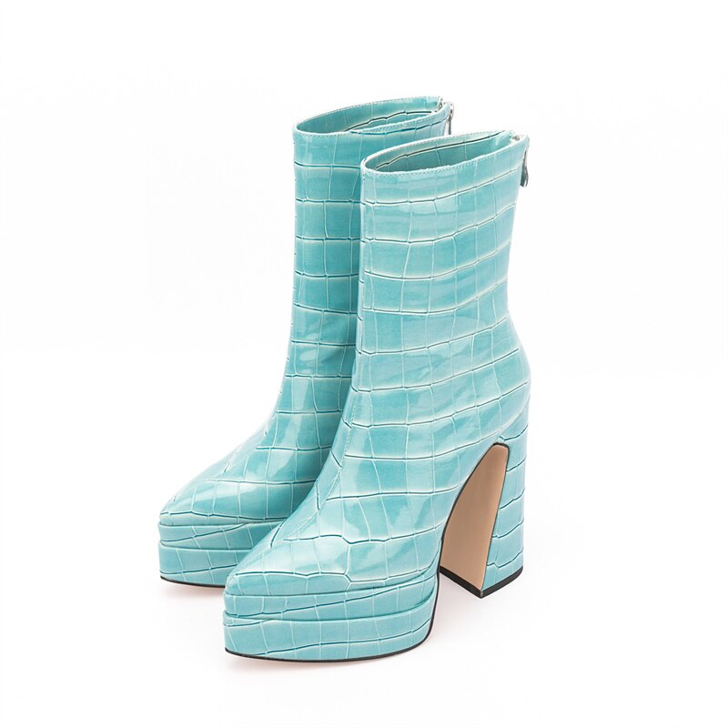 Women's Autumn and Winter New European and American Fashion Stone Pattern Thick High-heeled Thick-soled Pointed Ankle Boots