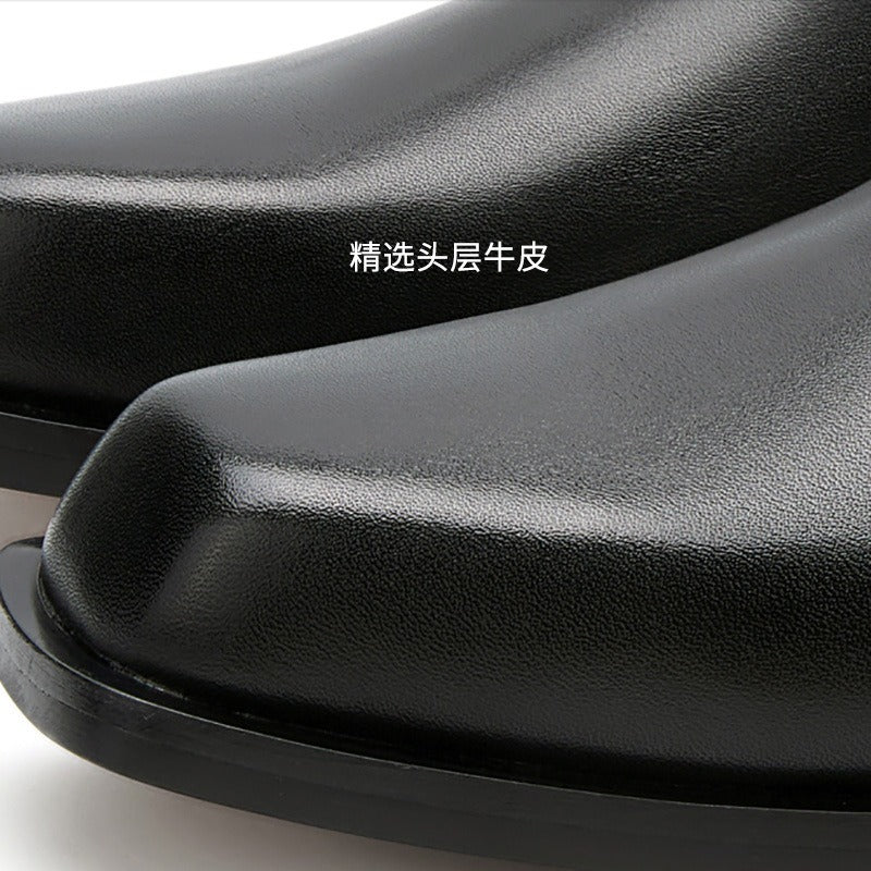 Men's square toe cowhide slippers with empty back, fashionable, casual and versatile heelless leather shoes, hollow leather slip