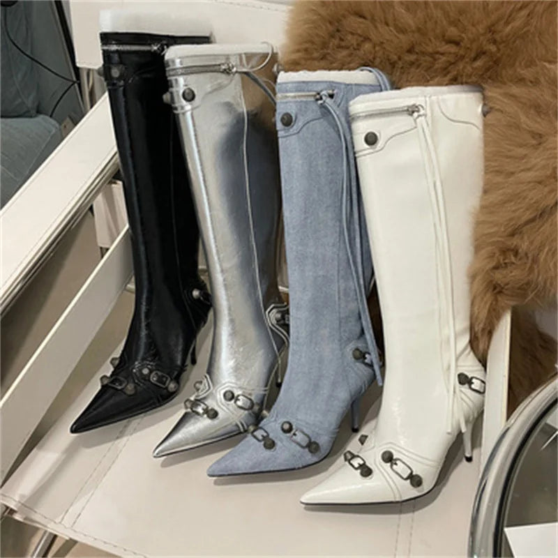 New Metal Rivet Women High Knee Boots Pointed Toe Thin Heels Designer Shoes Party Tassels Zipper-Sid Long Botas De Mujer