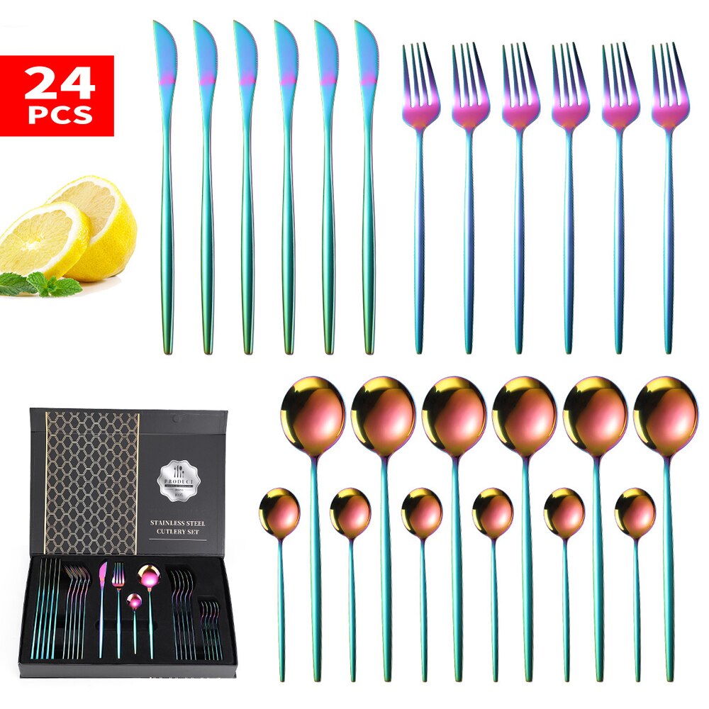 24pcs Dinnerware Set Stainless Steel Tableware Set Knife Fork Spoon Flatware Set Safe Cutlery Set Gift Box Restaurant Silver
