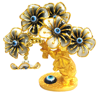 Gold colored Evil Eye Bonsai tree with Elephants and Blue Flowers Model D-608
