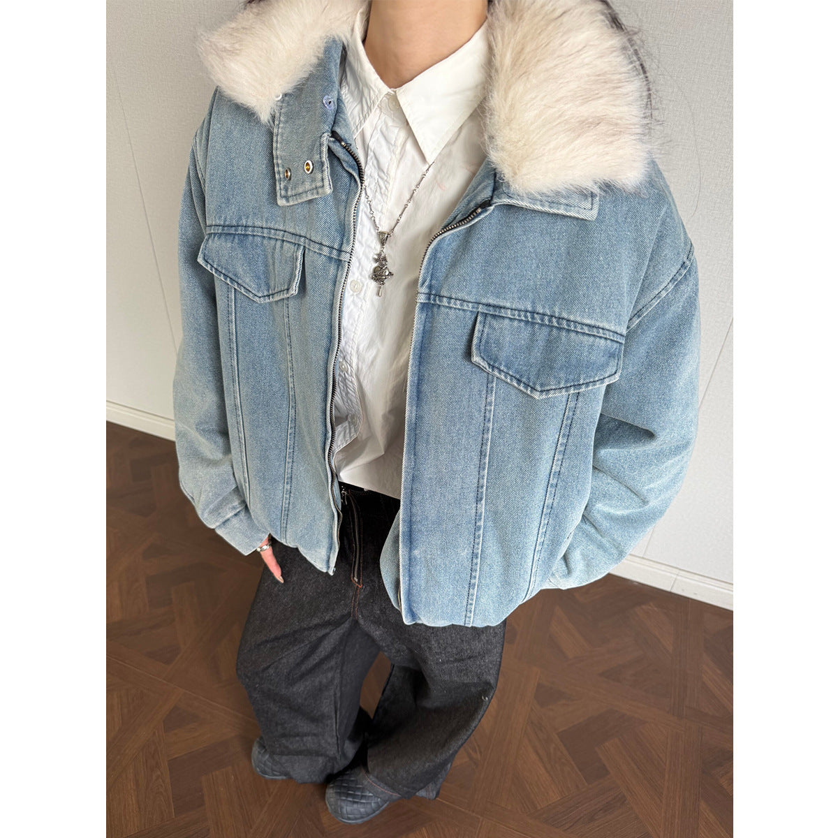Wool collar denim cotton jacket