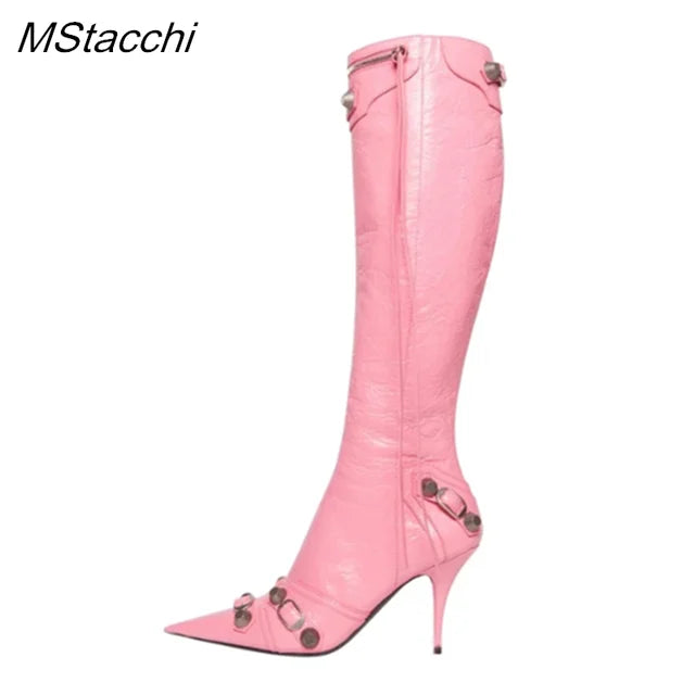 New Metal Rivet Women High Knee Boots Pointed Toe Thin Heels Designer Shoes Party Tassels Zipper-Sid Long Botas De Mujer