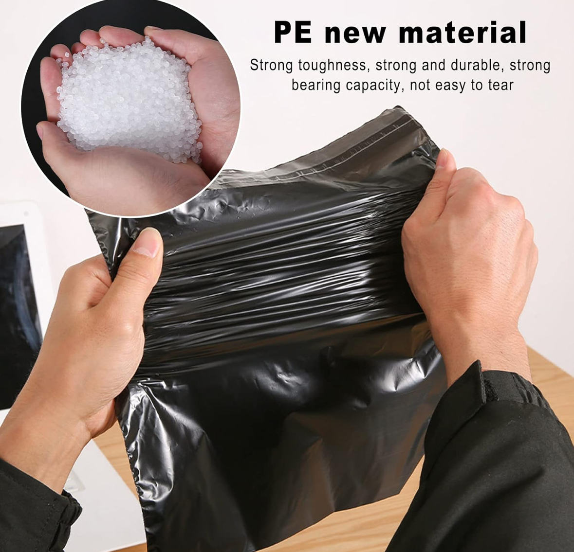 Person holding a black plastic bag with white powder, labeled 'PE new material'.