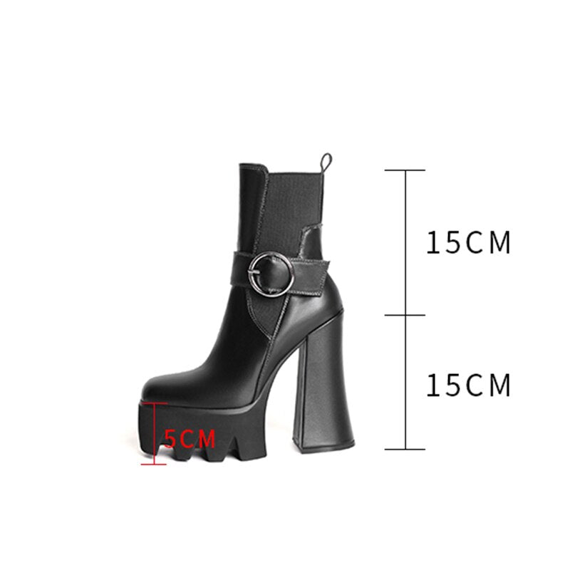 Women's Autumn Short Boots Brand New Square Toe Super High Heel Thick Sole Metal Sexy Stretch Bare Boots 42 Sizes