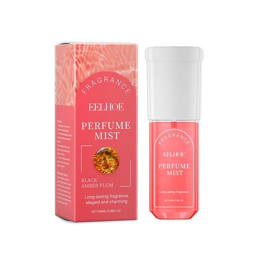 EELHOE Amber Plum Body Perfume Spray with pink bottle and matching retail box featuring a white cap on a clean white background, long-lasting woody fragrance with warm black plum notes for everyday wear.