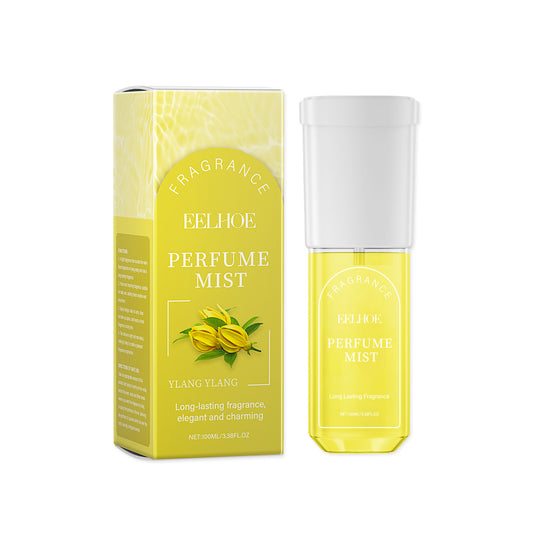 Yellow EELHOE Ylang Ylang Evening Body Perfume Spray with matching yellow packaging on a white background, featuring a lightweight floral body mist with long-lasting fragrance.